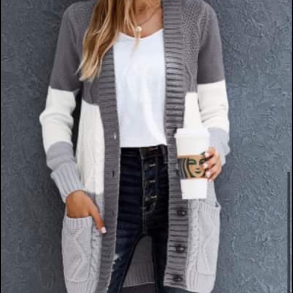 Gray and white cardigan